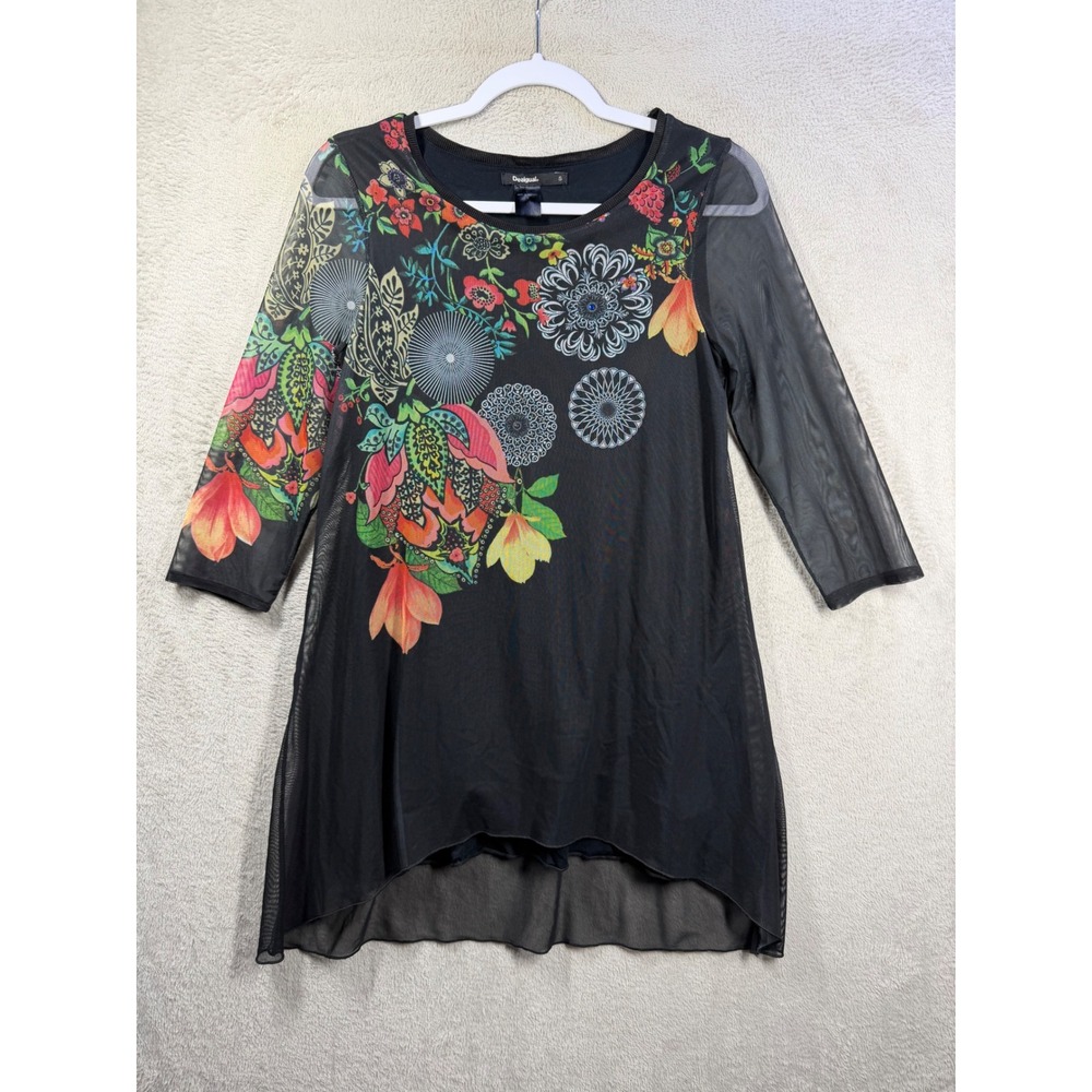 Desigual Mesh Tunic Top Women S Black Floral Mandala Sheer High Low Boho